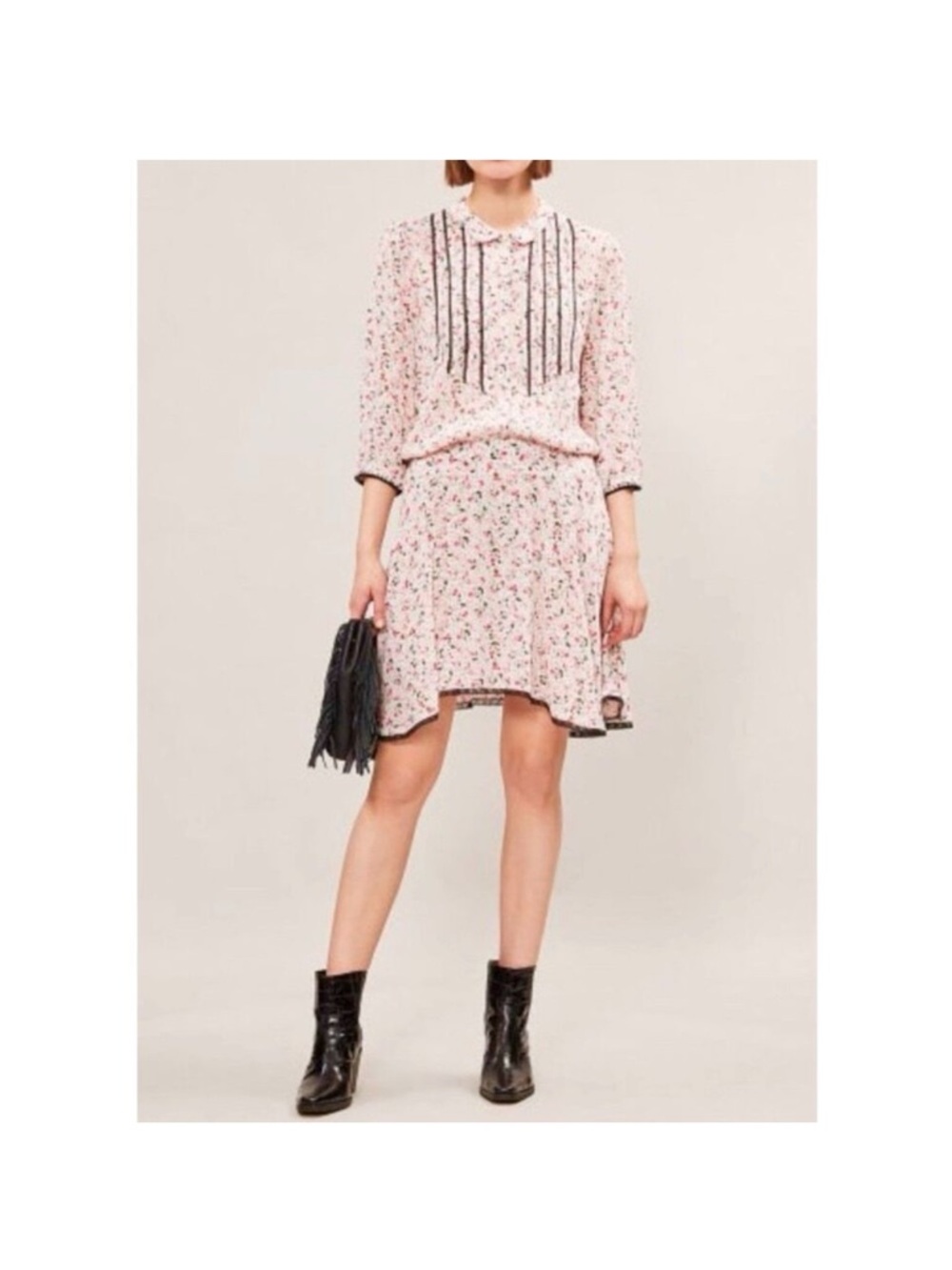Zadig and Voltaire Raspail Mini Dress Floral Boho Pleated Pink Cream Size Small